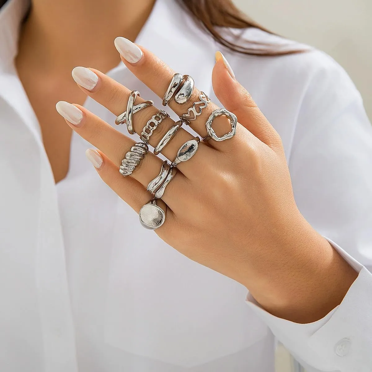 10Pcs Gold Chunky Stackable Rings Set for Women Silver Non Tarnish Dome Statement Open Knuckle Midi Finger Rings Pack Jewelry Gifts for Women
