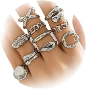 10Pcs Gold Chunky Stackable Rings Set for Women Silver Non Tarnish Dome Statement Open Knuckle Midi Finger Rings Pack Jewelry Gifts for Women