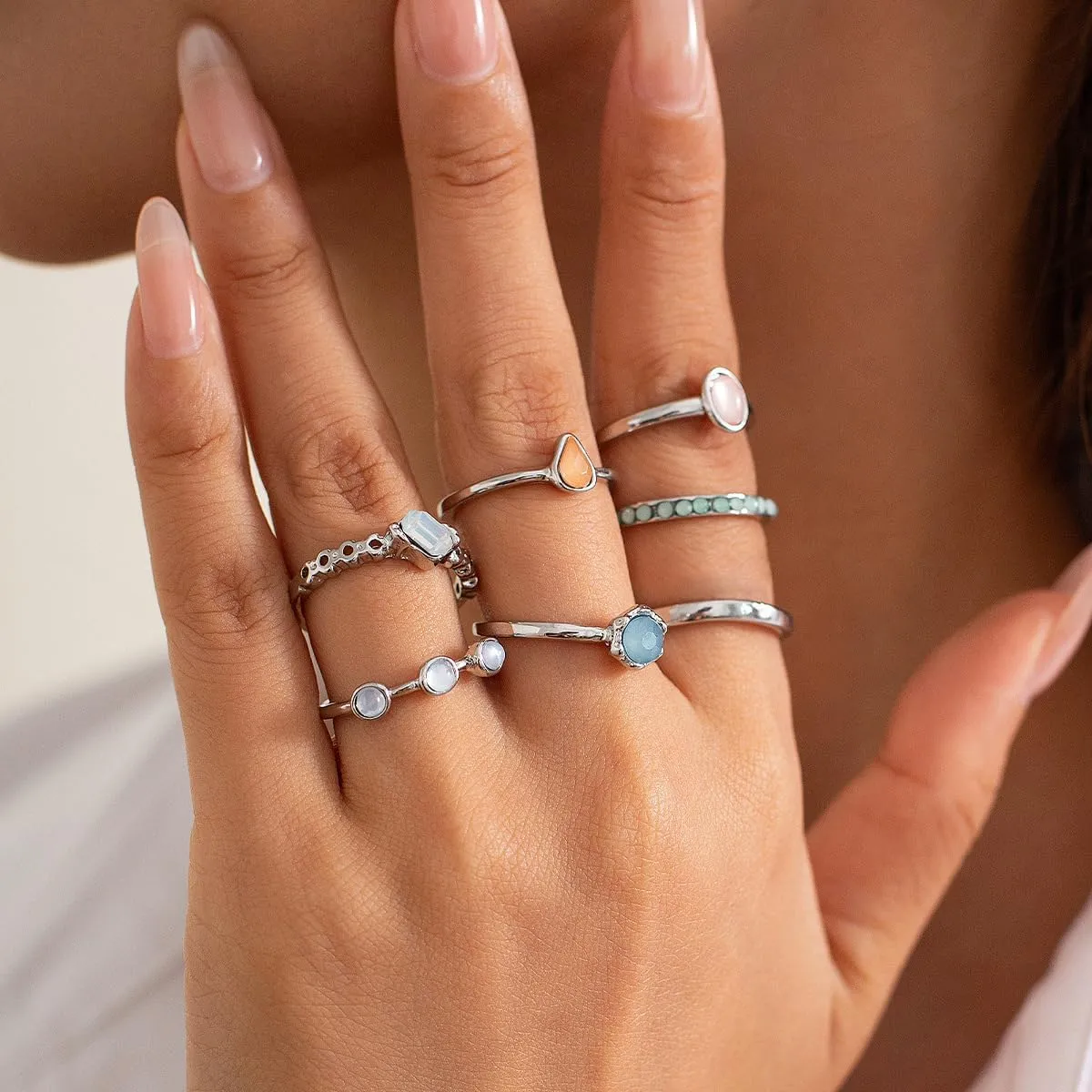 14K Gold Plated Stackable Knuckle Rings Set for Women Trendy Chunky Simulation Gemstone Signet Rings Dainty Midi Finger Rings Pack Aesthetic Statement Jewelry for Bridesmaid Wedding Gifts