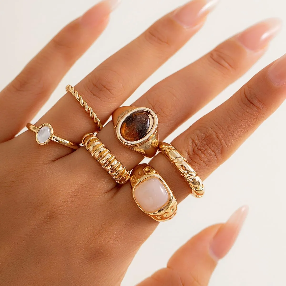 14K Gold Plated Stackable Knuckle Rings Set for Women Trendy Chunky Simulation Gemstone Signet Rings Dainty Midi Finger Rings Pack Aesthetic Statement Jewelry for Bridesmaid Wedding Gifts
