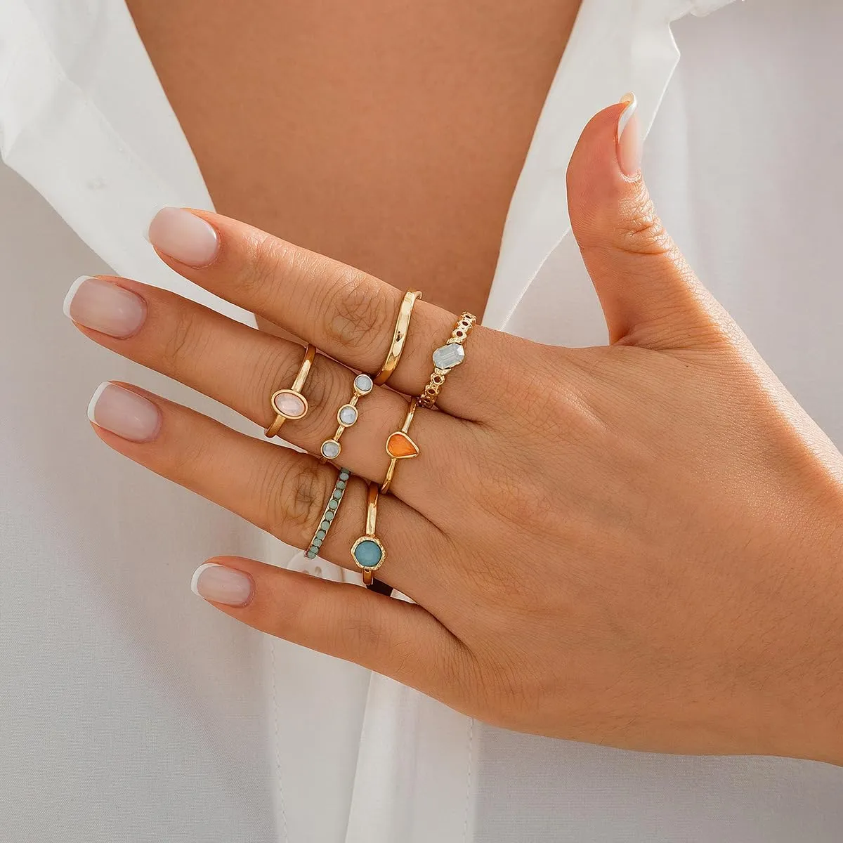 14K Gold Plated Stackable Knuckle Rings Set for Women Trendy Chunky Simulation Gemstone Signet Rings Dainty Midi Finger Rings Pack Aesthetic Statement Jewelry for Bridesmaid Wedding Gifts