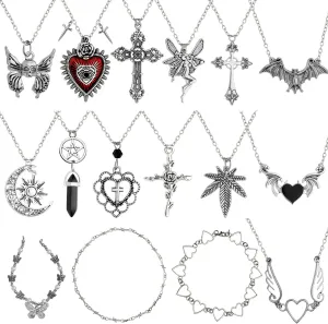 16Pcs Goth Necklace Set for Women, Y2k Accessories Jewelry Necklaces Gothic Cross Fairy Thorns Angel Heart Butterfly Emo Alternative Vintage Silver Pendants Jewellery Accessories