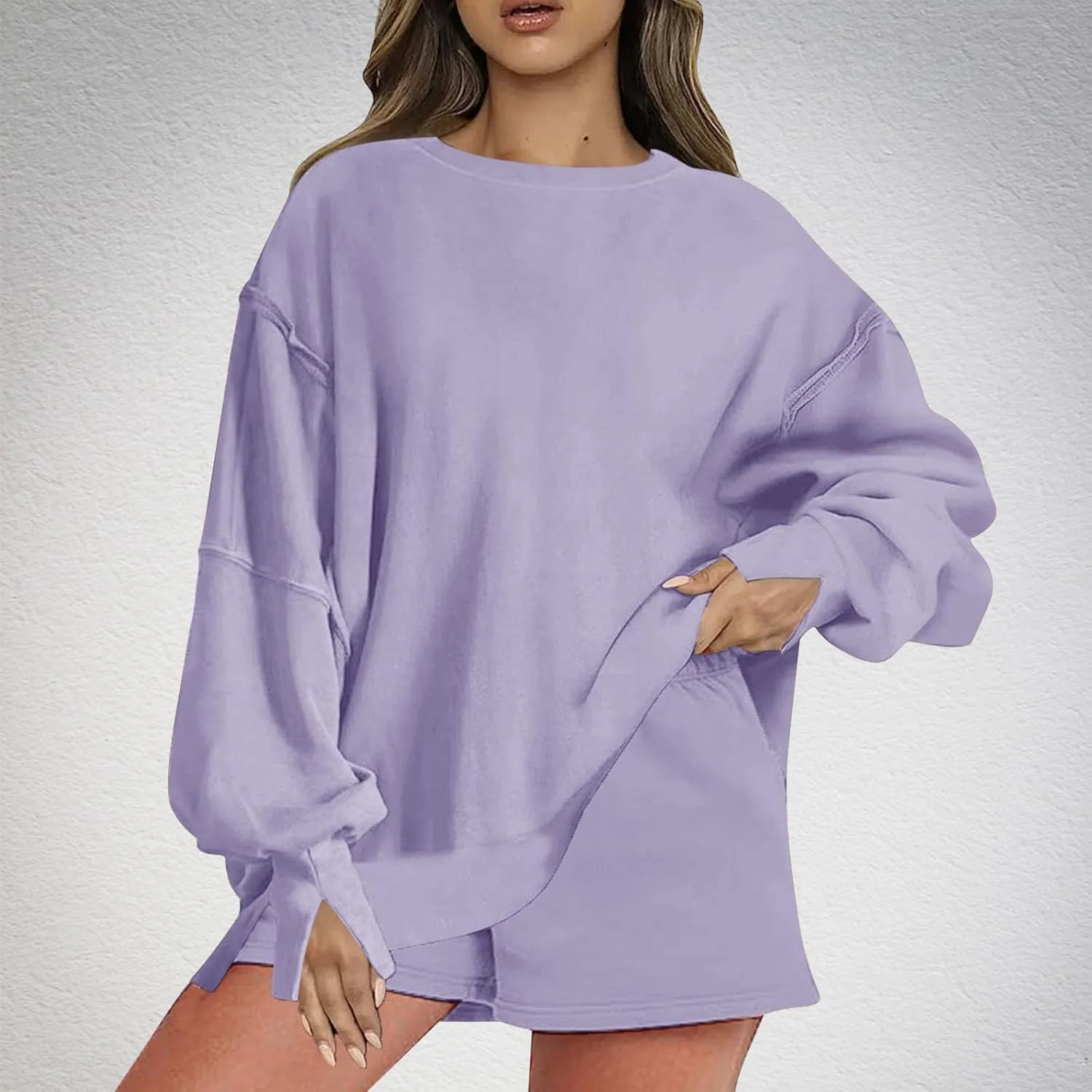 2 Piece Outfits For Women Oversized Crew Neck Sweatshirts And Shorts Tracksuit Set Casual Fall Sweatsuit Lounge Sets