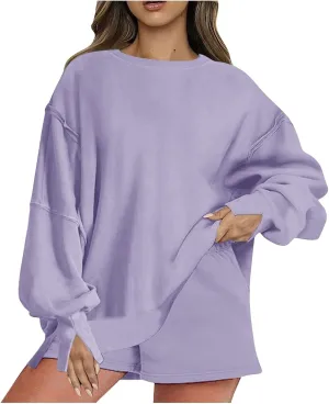 2 Piece Outfits For Women Oversized Crew Neck Sweatshirts And Shorts Tracksuit Set Casual Fall Sweatsuit Lounge Sets