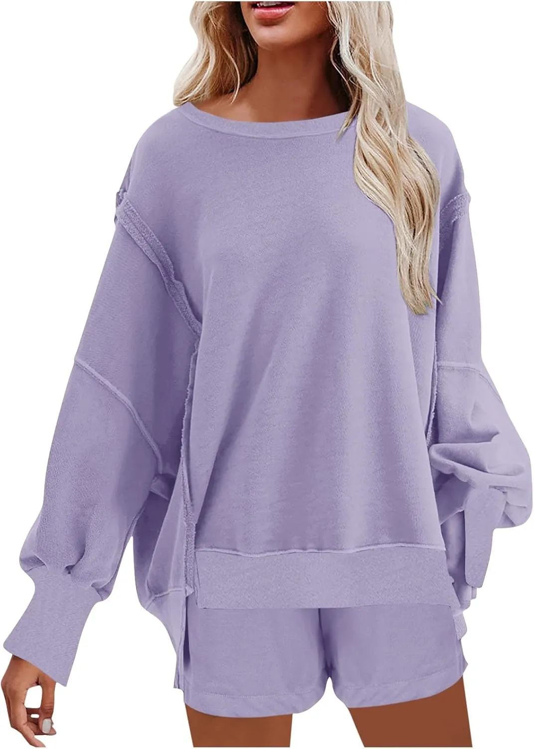 2 Piece Outfits For Women Oversized Crew Neck Sweatshirts And Shorts Tracksuit Set Casual Fall Sweatsuit Lounge Sets