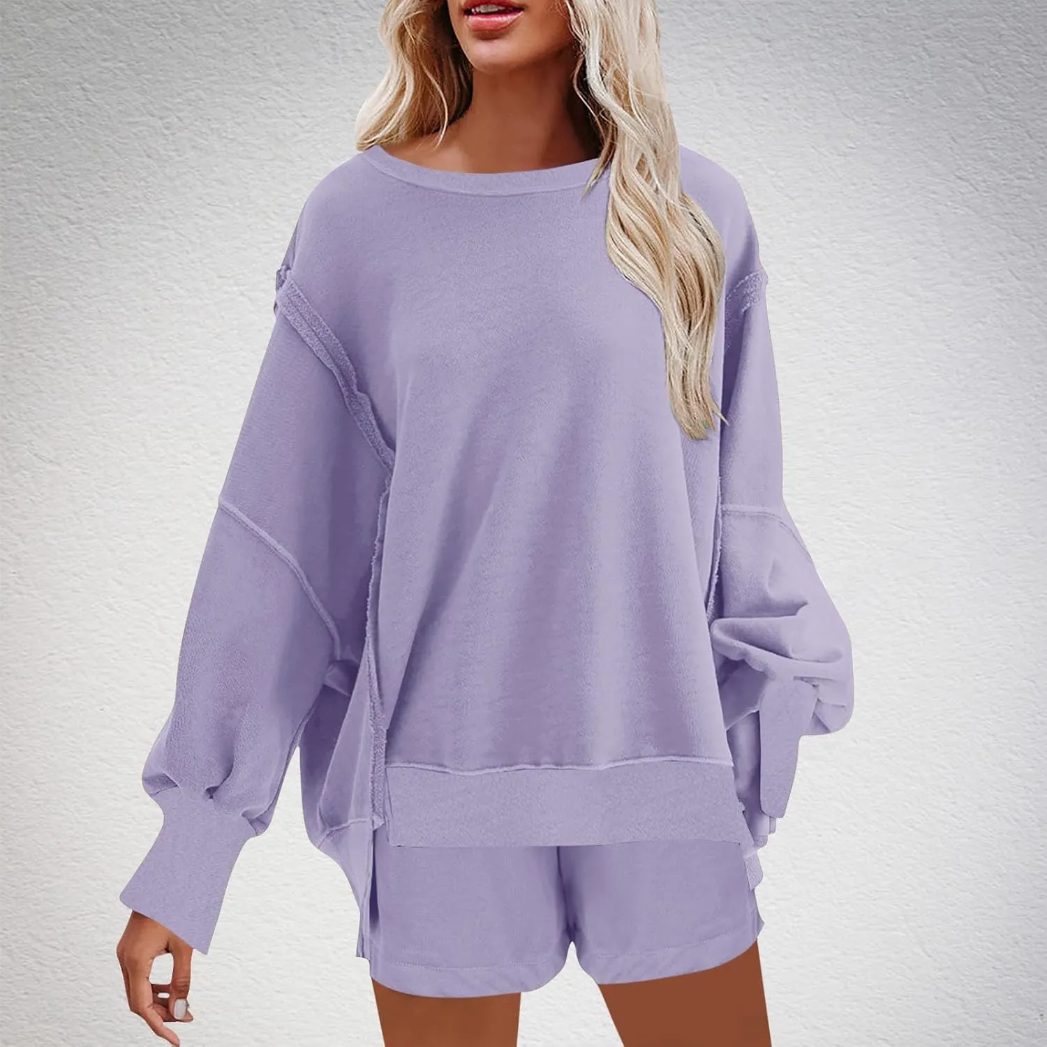 2 Piece Outfits For Women Oversized Crew Neck Sweatshirts And Shorts Tracksuit Set Casual Fall Sweatsuit Lounge Sets