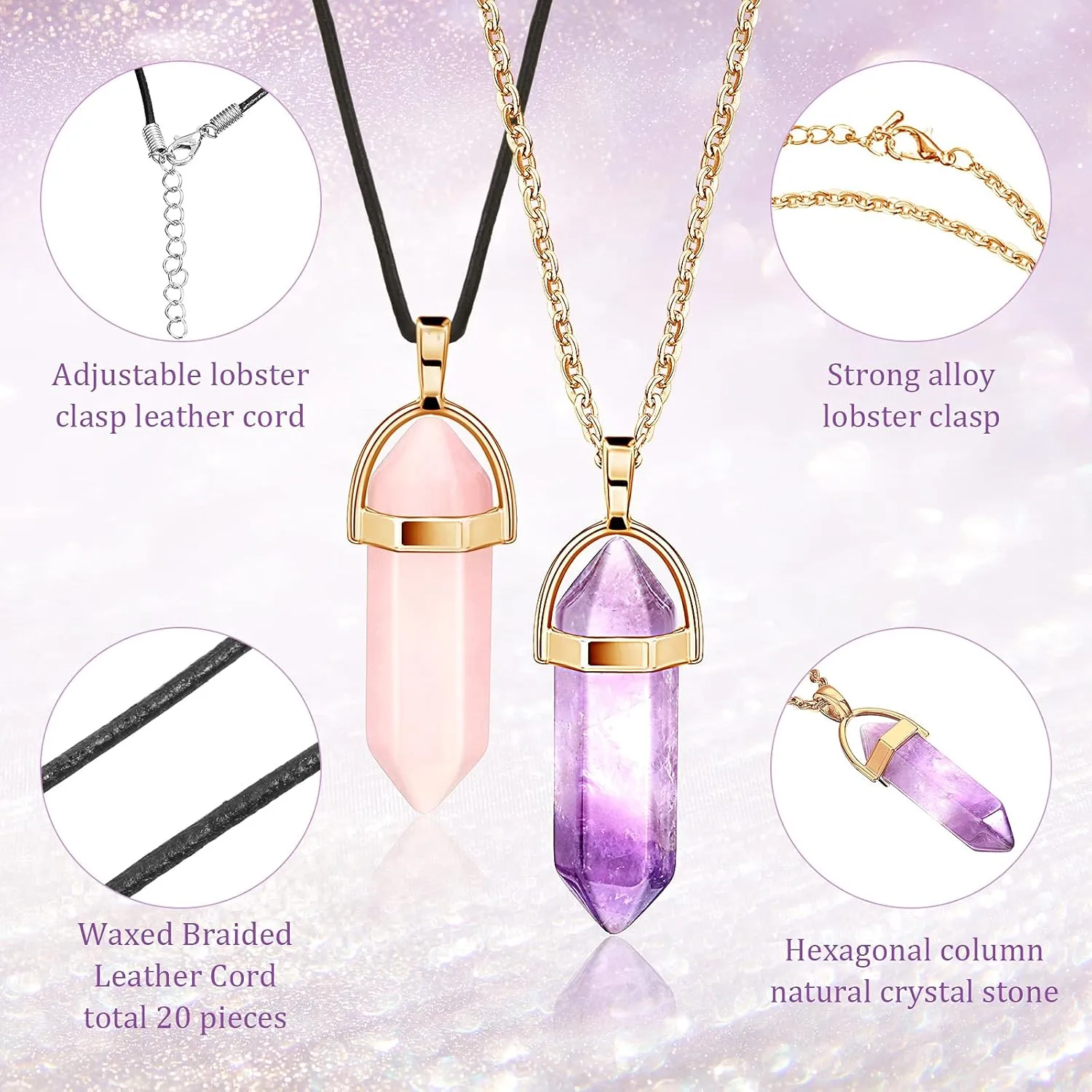 20 Pieces Hexagonal Crystal Necklaces Shape Gemstone Pendant Necklaces Pointed Chakra Stone Chain Necklaces with 20 Inch Chain and 18 Inch Leather Cords