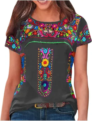 2024 Summer Short Sleeve Mexican Shirts for Women Floral Embroidered Print Blouse Ethnic Style Boho Tops T-Shirts
