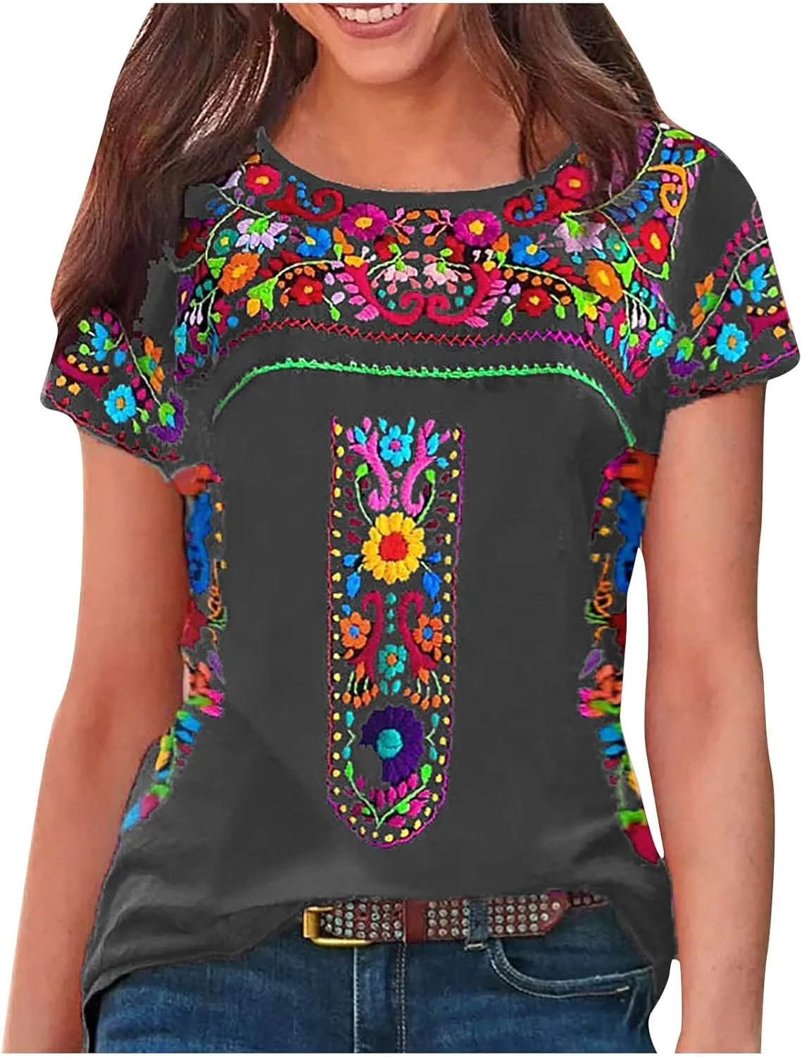 2024 Summer Short Sleeve Mexican Shirts for Women Floral Embroidered Print Blouse Ethnic Style Boho Tops T-Shirts