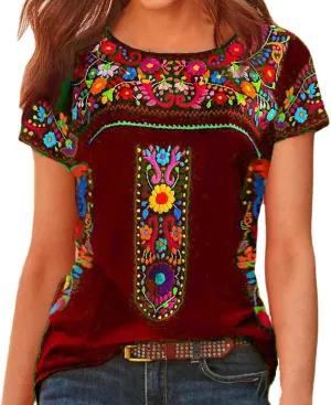 2024 Summer Short Sleeve Mexican Shirts for Women Floral Embroidered Print Blouse Ethnic Style Boho Tops T-Shirts