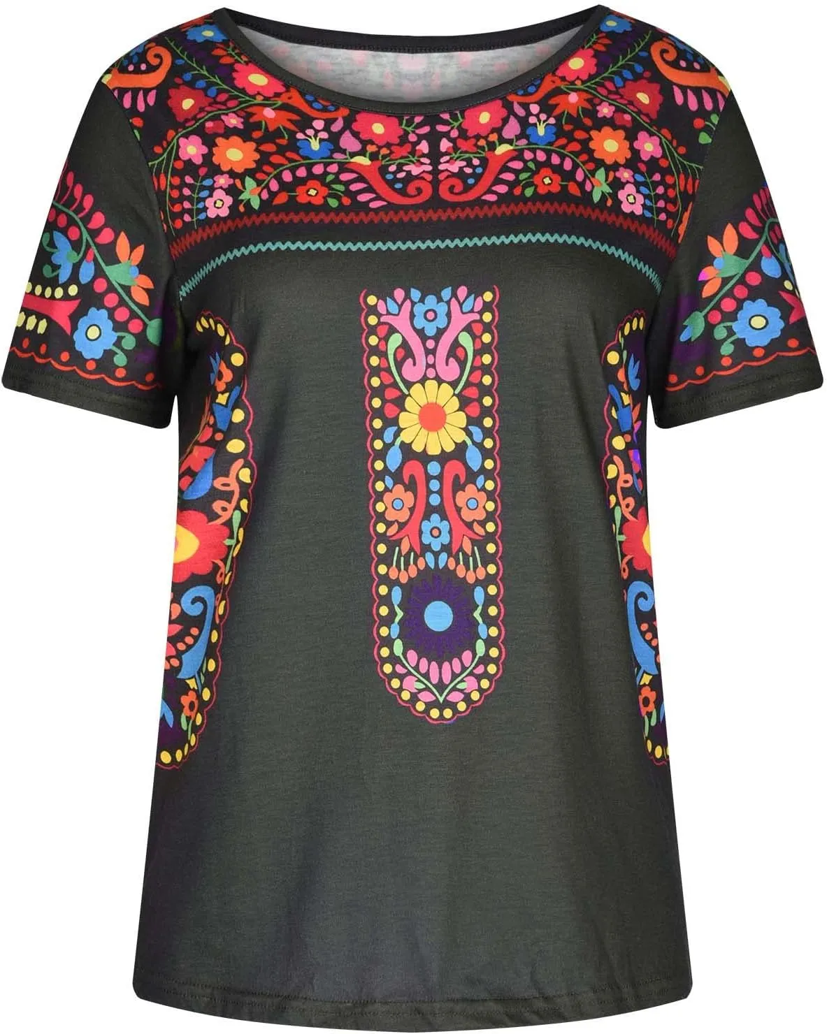 2024 Summer Short Sleeve Mexican Shirts for Women Floral Embroidered Print Blouse Ethnic Style Boho Tops T-Shirts