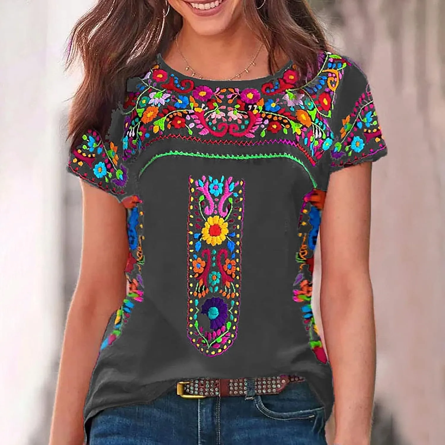 2024 Summer Short Sleeve Mexican Shirts for Women Floral Embroidered Print Blouse Ethnic Style Boho Tops T-Shirts
