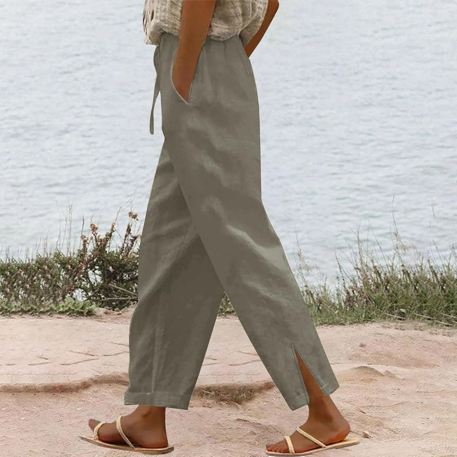 2025 Linen Pants Women High Waist Elastic Drawstring Lounge Trousers Casual Lightweight Side Split Summer Beach Pants