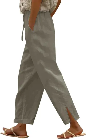 2025 Linen Pants Women High Waist Elastic Drawstring Lounge Trousers Casual Lightweight Side Split Summer Beach Pants