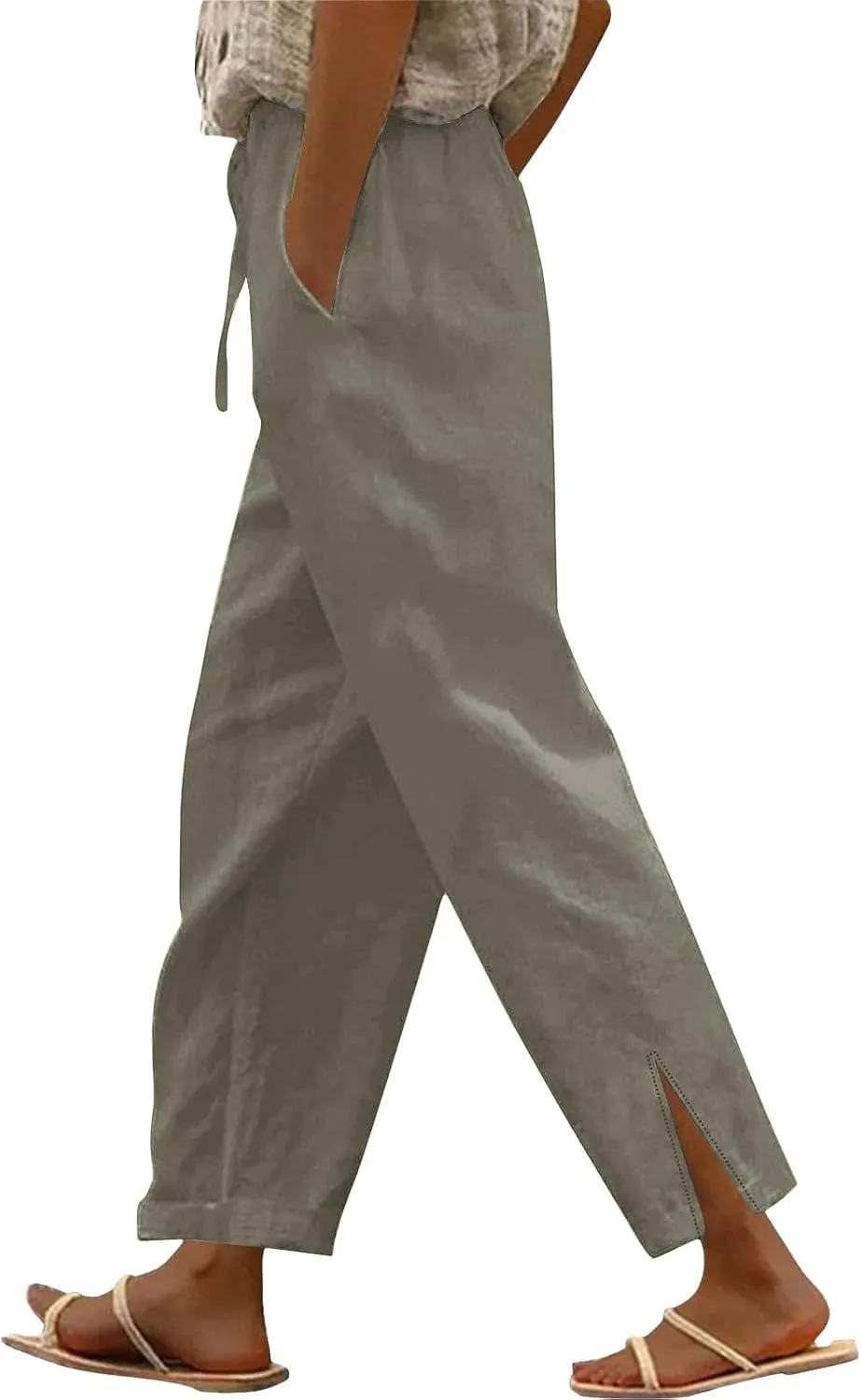 2025 Linen Pants Women High Waist Elastic Drawstring Lounge Trousers Casual Lightweight Side Split Summer Beach Pants