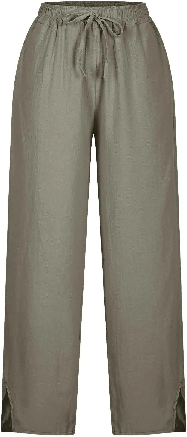 2025 Linen Pants Women High Waist Elastic Drawstring Lounge Trousers Casual Lightweight Side Split Summer Beach Pants