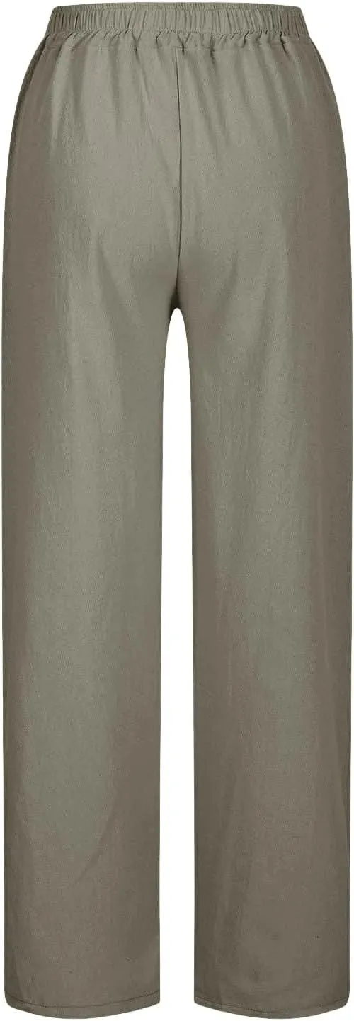 2025 Linen Pants Women High Waist Elastic Drawstring Lounge Trousers Casual Lightweight Side Split Summer Beach Pants