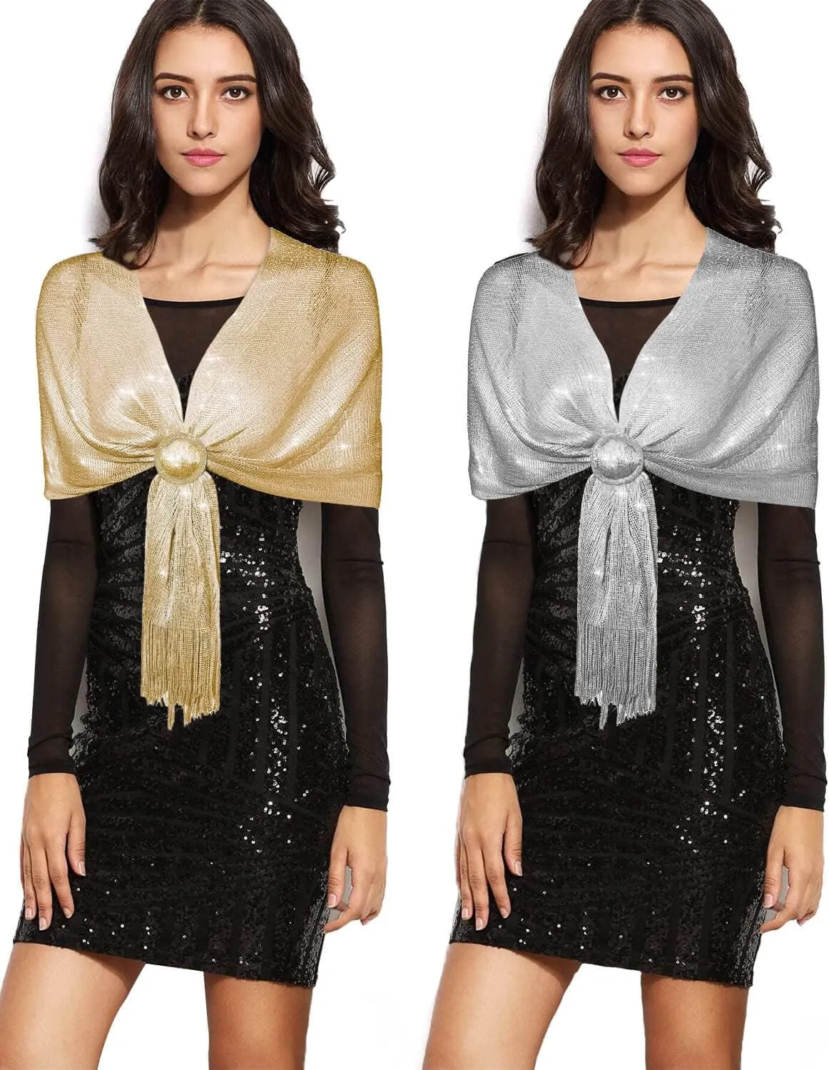 2PCS Sparkling Metallic Shawls and Wraps with Buckle for Evening Party Wedding Formal Dresses(Gold and Sliver)