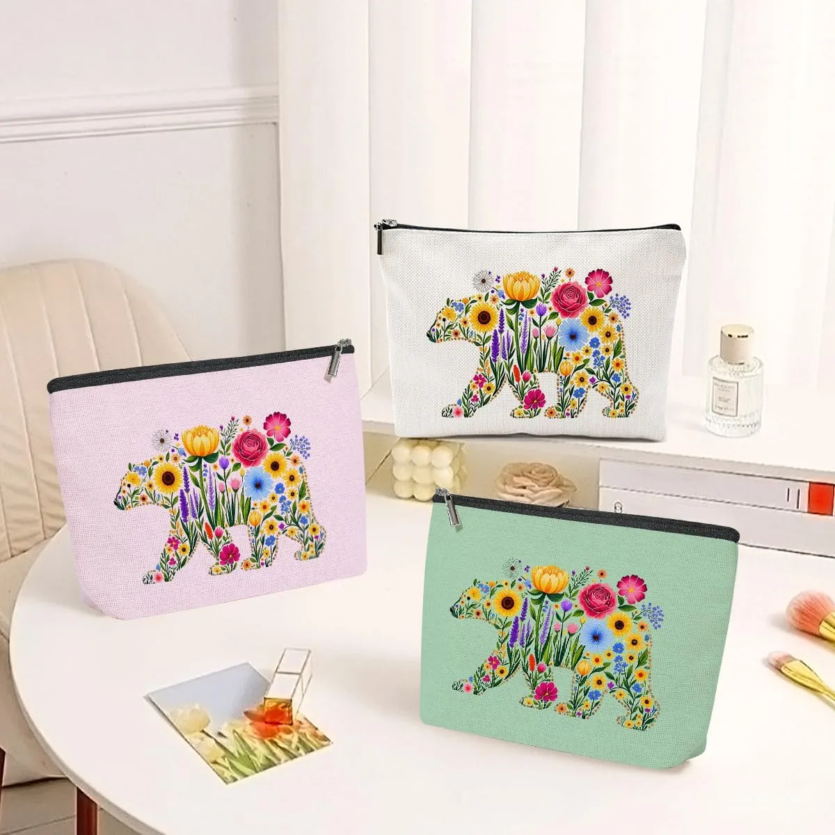 3 Pack Cute WildFlower Bear Flower Makeup Bag,Cosmetic Bags for Women,Travel Toiletry Bag Bears Themed Gifts for Women Florals Bears Loves Girls Trip Bachelorette Party Birthday Christmas Weekend