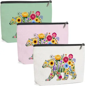 3 Pack Cute WildFlower Bear Flower Makeup Bag,Cosmetic Bags for Women,Travel Toiletry Bag Bears Themed Gifts for Women Florals Bears Loves Girls Trip Bachelorette Party Birthday Christmas Weekend