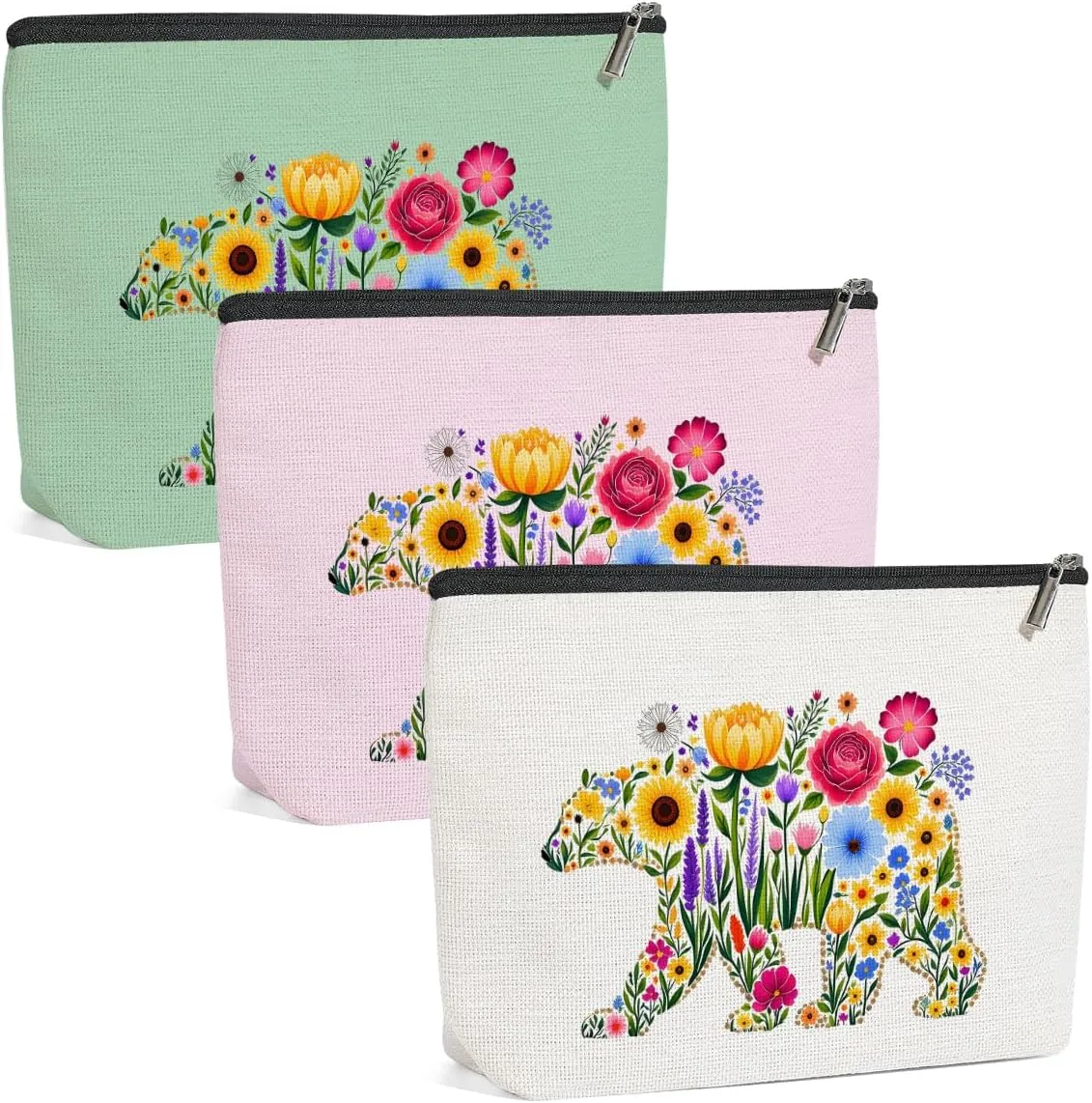 3 Pack Cute WildFlower Bear Flower Makeup Bag,Cosmetic Bags for Women,Travel Toiletry Bag Bears Themed Gifts for Women Florals Bears Loves Girls Trip Bachelorette Party Birthday Christmas Weekend