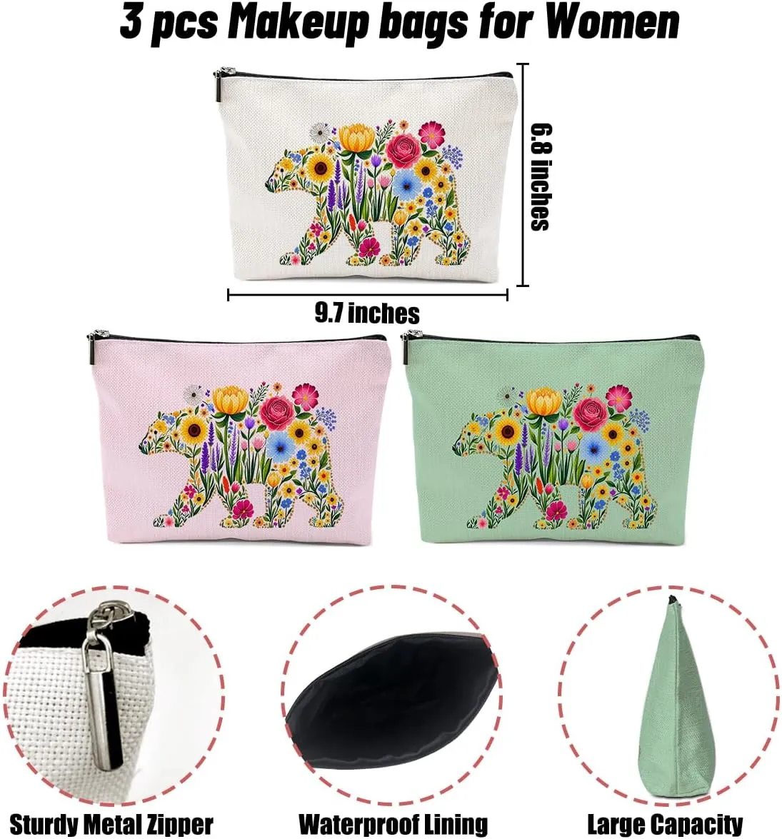 3 Pack Cute WildFlower Bear Flower Makeup Bag,Cosmetic Bags for Women,Travel Toiletry Bag Bears Themed Gifts for Women Florals Bears Loves Girls Trip Bachelorette Party Birthday Christmas Weekend
