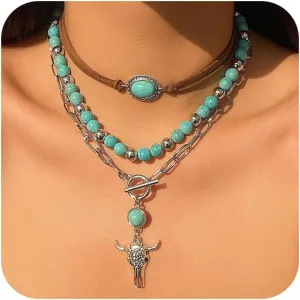 3 Pcs Layered Western Necklaces for Women Western Boho Turquoise Choker Ox Head Cactus Pendant Necklace Country Concert Jewelry Cowboy Carter Outfit Accessories for Her