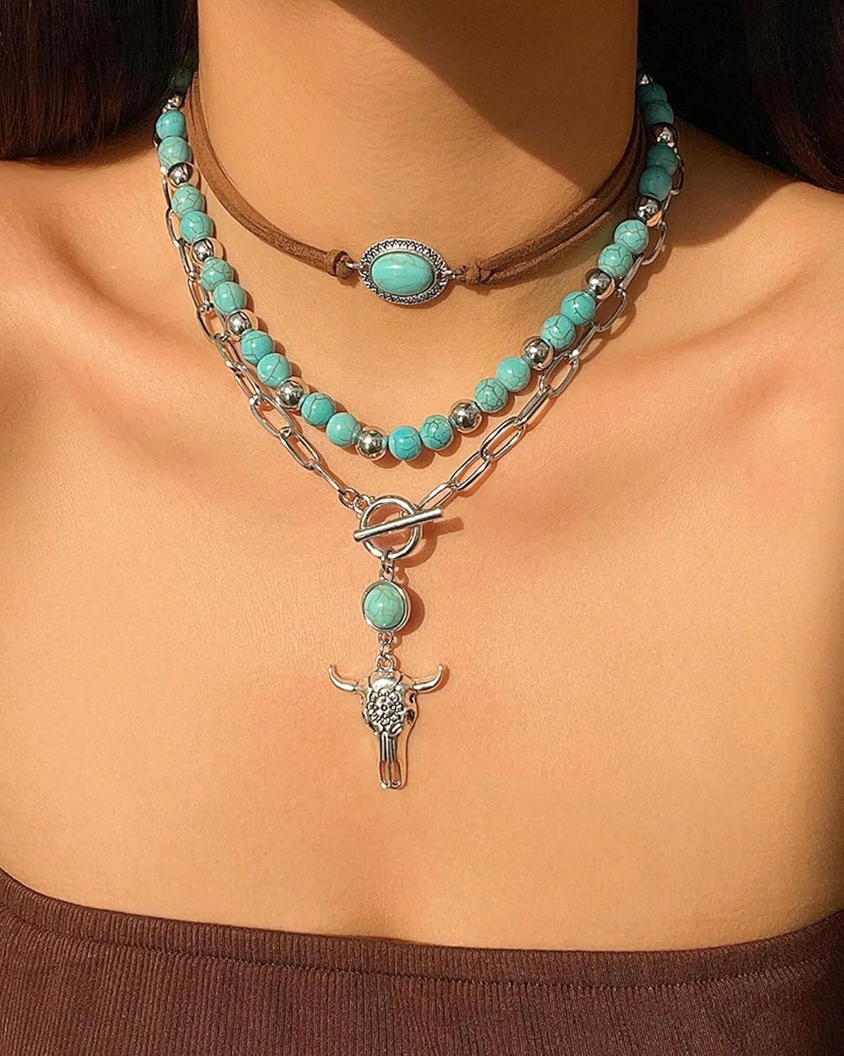 3 Pcs Layered Western Necklaces for Women Western Boho Turquoise Choker Ox Head Cactus Pendant Necklace Country Concert Jewelry Cowboy Carter Outfit Accessories for Her