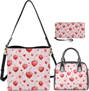 3 Piece Purse Sets for Women with Wallet Valentine's Day Satchel Tote Bags Leather Hobo Crossbody Bags