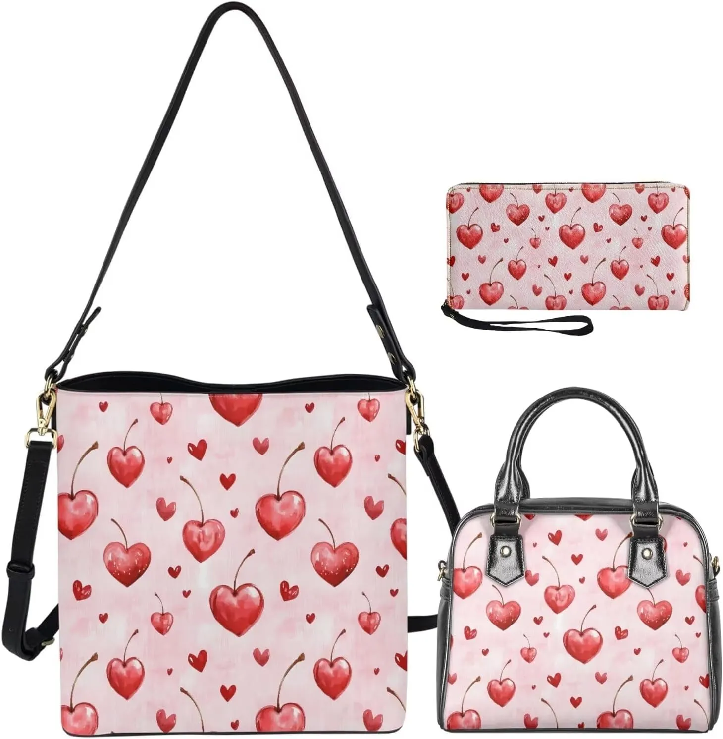 3 Piece Purse Sets for Women with Wallet Valentine's Day Satchel Tote Bags Leather Hobo Crossbody Bags