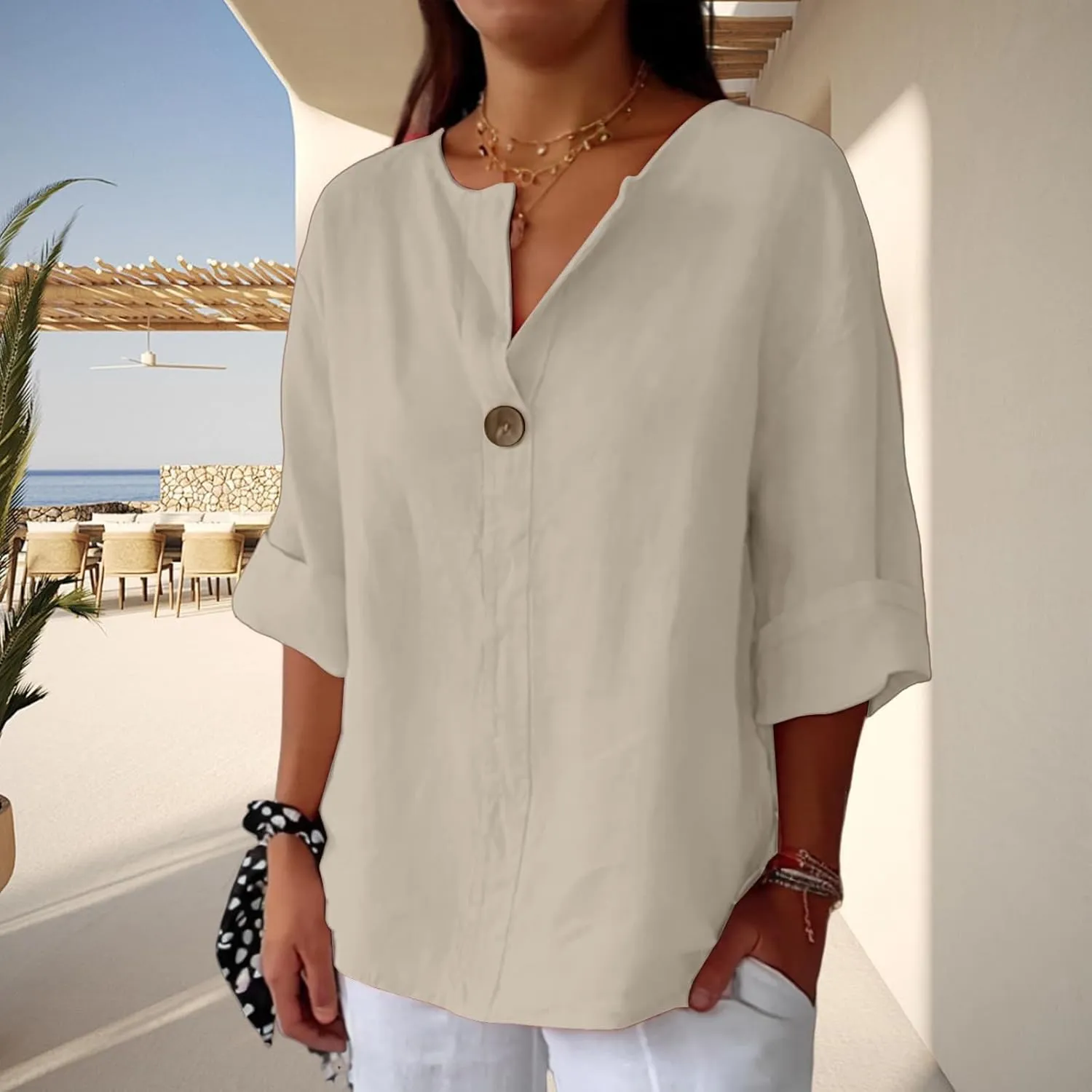 3/4 Length Sleeve Womens Tops Summer Button Down V Neck Cotton Linen Shirts Trendy Going Out Casual Tunics Blouses
