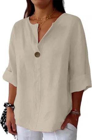3/4 Length Sleeve Womens Tops Summer Button Down V Neck Cotton Linen Shirts Trendy Going Out Casual Tunics Blouses