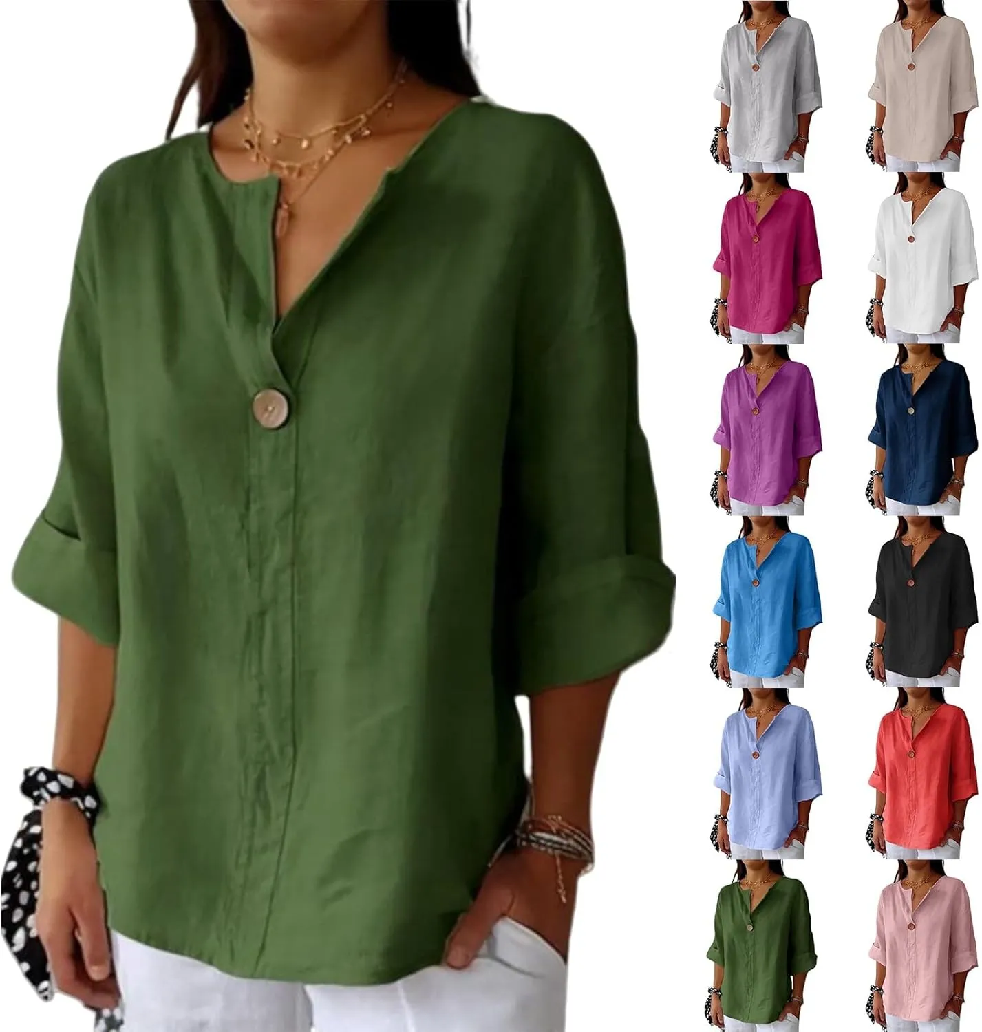 3/4 Length Sleeve Womens Tops Summer Button Down V Neck Cotton Linen Shirts Trendy Going Out Casual Tunics Blouses