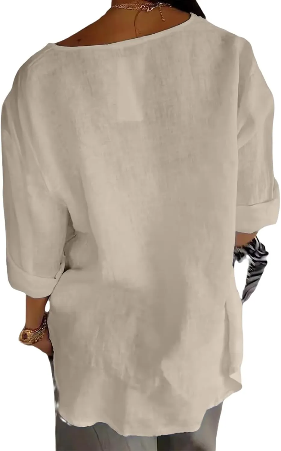 3/4 Length Sleeve Womens Tops Summer Button Down V Neck Cotton Linen Shirts Trendy Going Out Casual Tunics Blouses