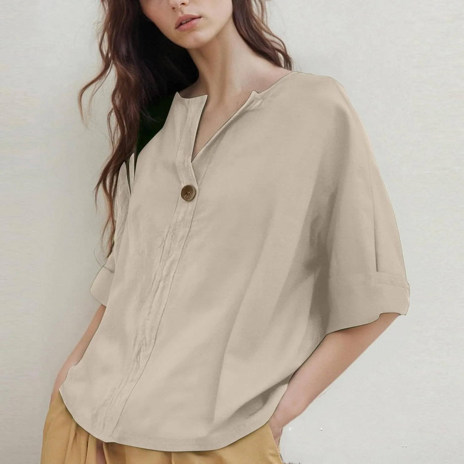 3/4 Length Sleeve Womens Tops Summer Button Down V Neck Cotton Linen Shirts Trendy Going Out Casual Tunics Blouses