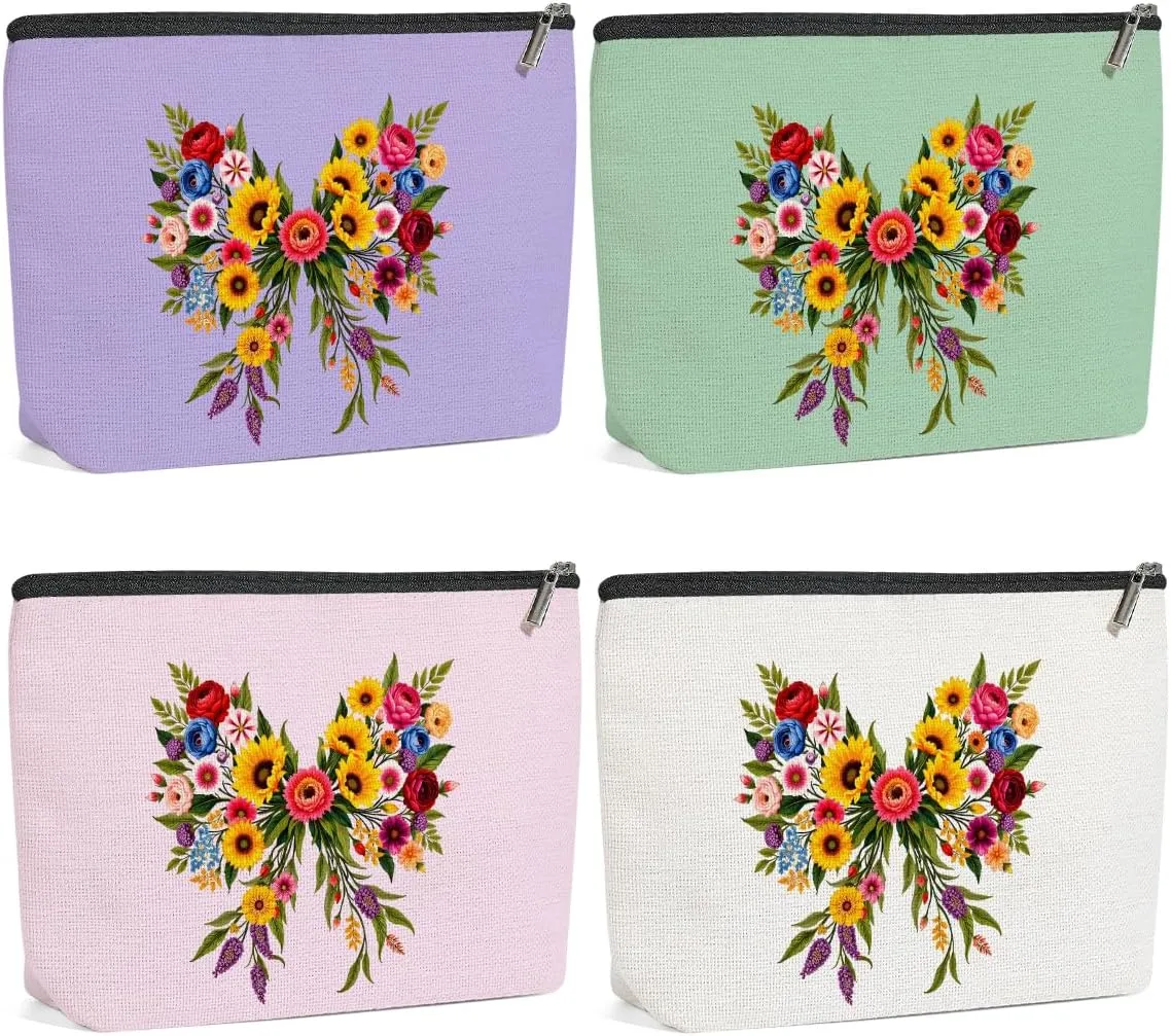 4 Pack Cute Bow Aesthetics Wildflower Makeup Bag,Travel Essentials Cosmetic Bags for Women, Plant Lovers Mom Girls Trip Bachelorette Party Travel Toiletry Bag Graduation Girls Weekend Christmas