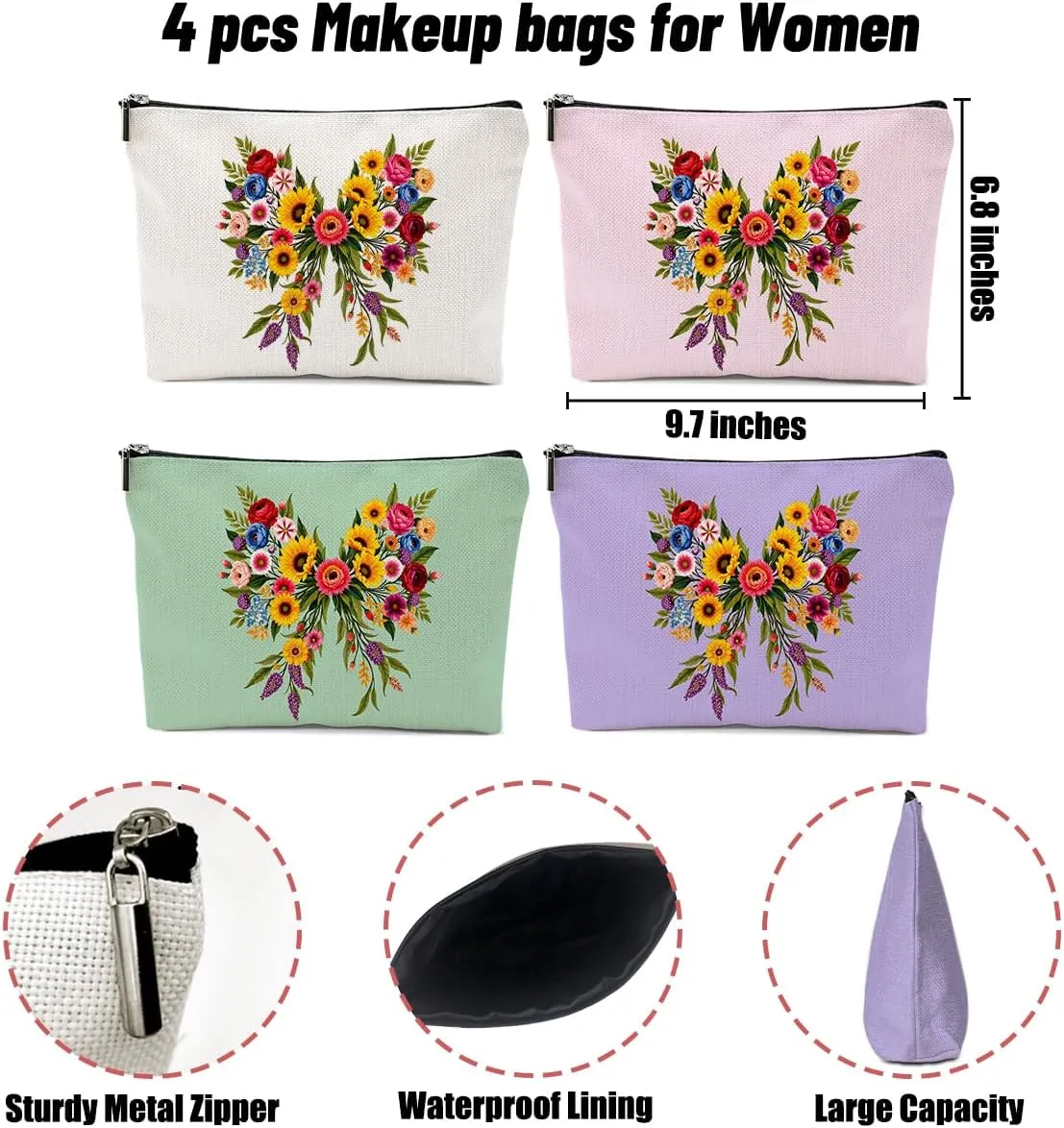 4 Pack Cute Bow Aesthetics Wildflower Makeup Bag,Travel Essentials Cosmetic Bags for Women, Plant Lovers Mom Girls Trip Bachelorette Party Travel Toiletry Bag Graduation Girls Weekend Christmas
