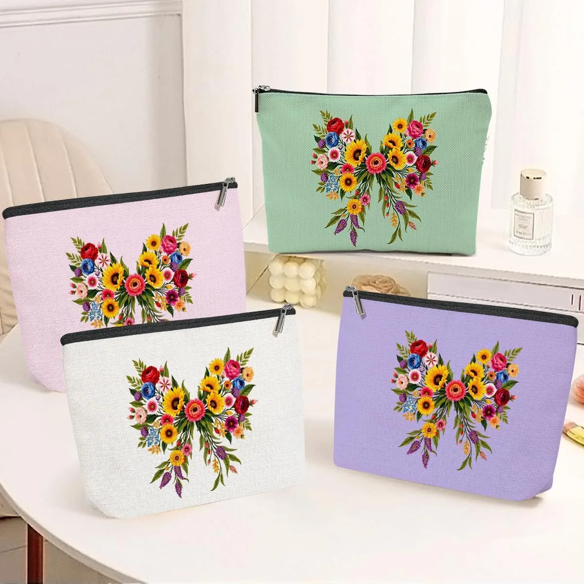 4 Pack Cute Bow Aesthetics Wildflower Makeup Bag,Travel Essentials Cosmetic Bags for Women, Plant Lovers Mom Girls Trip Bachelorette Party Travel Toiletry Bag Graduation Girls Weekend Christmas