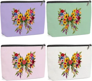 4 Pack Cute Bow Aesthetics Wildflower Makeup Bag,Travel Essentials Cosmetic Bags for Women, Plant Lovers Mom Girls Trip Bachelorette Party Travel Toiletry Bag Graduation Girls Weekend Christmas