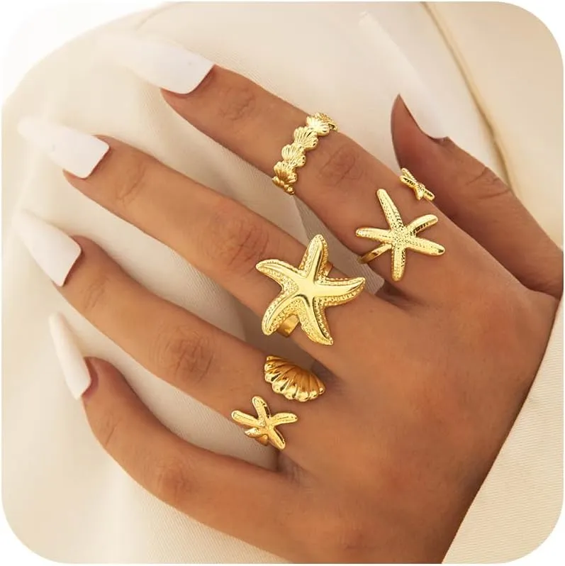 4 Pcs Gold Shell Rings Set for Women Stackable Gold Starfish Seashell Knuckle Rings Adjustable Scallops Starfish Finger R-ings Summer Beach Hawaiian Jewelry Accessories