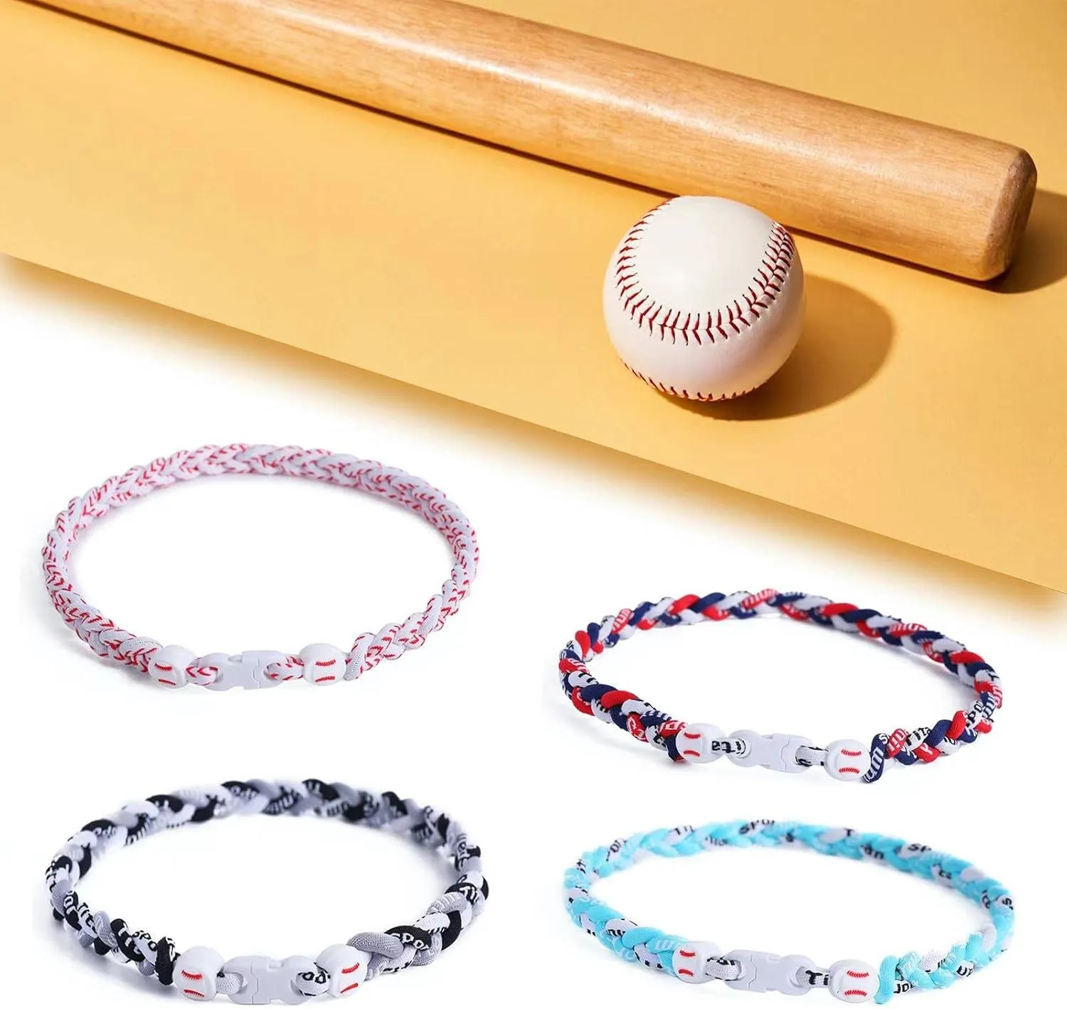 4 Pieces Baseball Necklaces Three Braided Rope Tornado Necklaces Sports Titanium Necklace Baseball Rope Necklaces