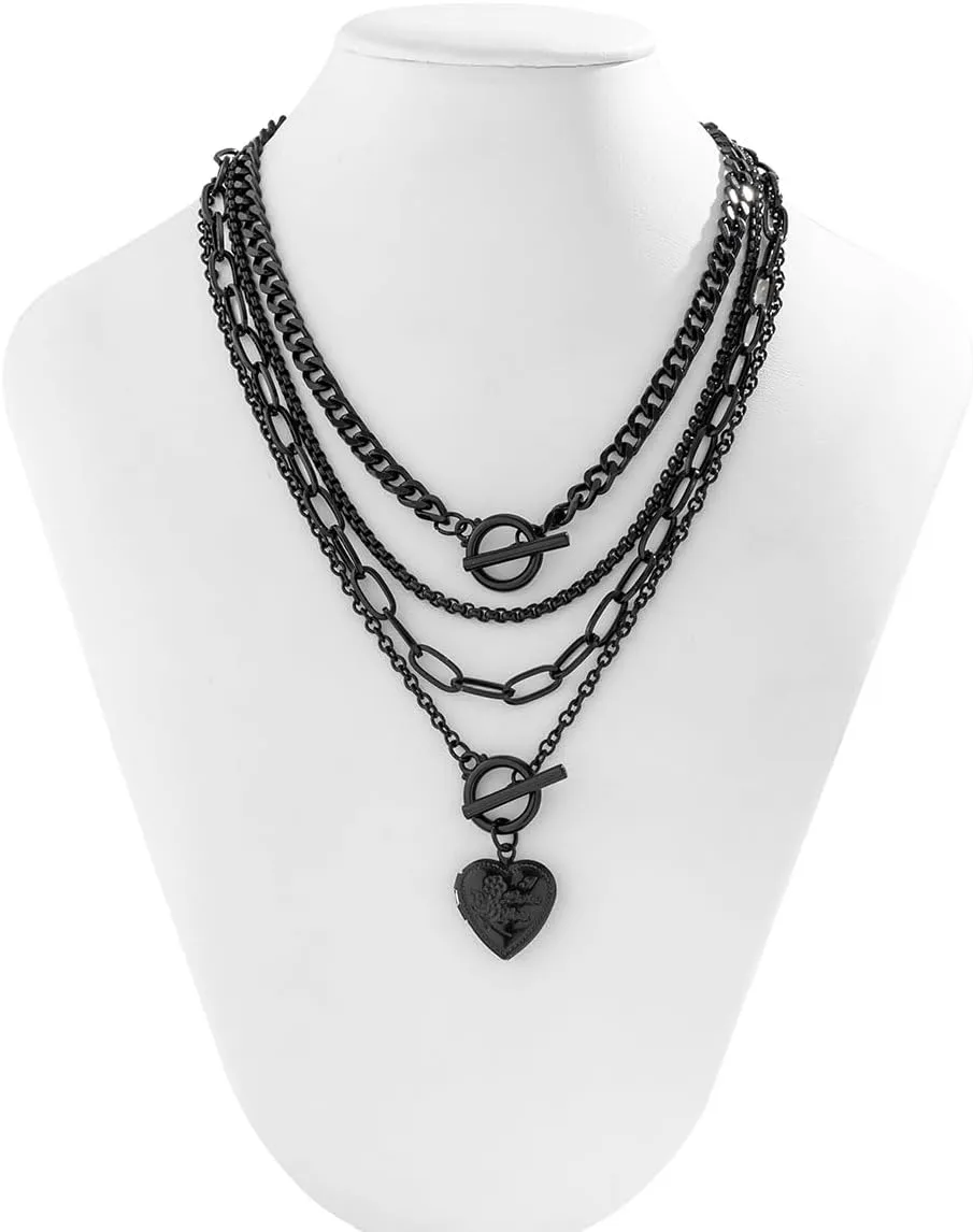 4pcs Black Layered Necklaces Trendy Retro Coin Pendant Necklace Dainty Chunky Link Chain Choker Necklaces Multilayer Adjustable Layering Chain Necklaces Set for Women Jewelry