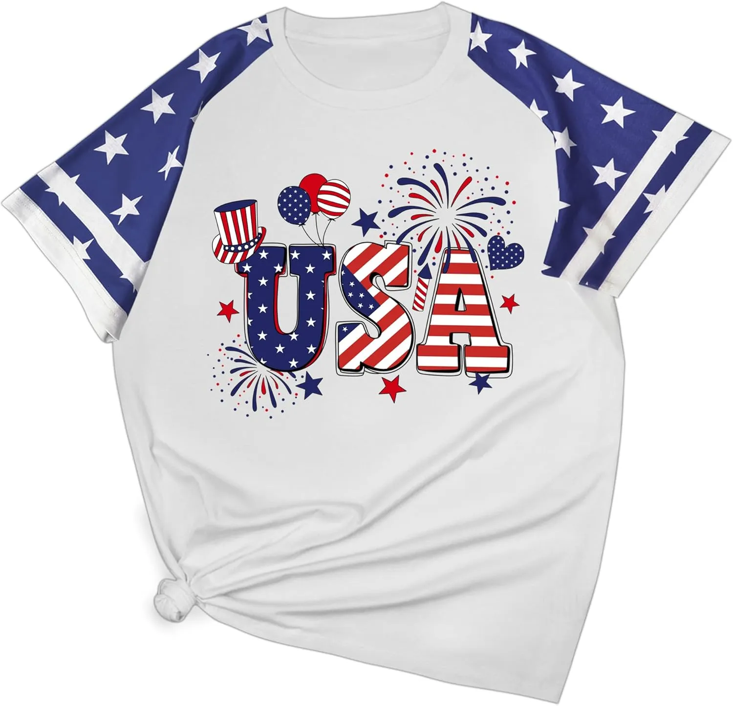 4th of July Shirts Women Plus Size:USA Color-Blocking Short-Sleeve American Flag Crew Neck Graphic T-Shirt
