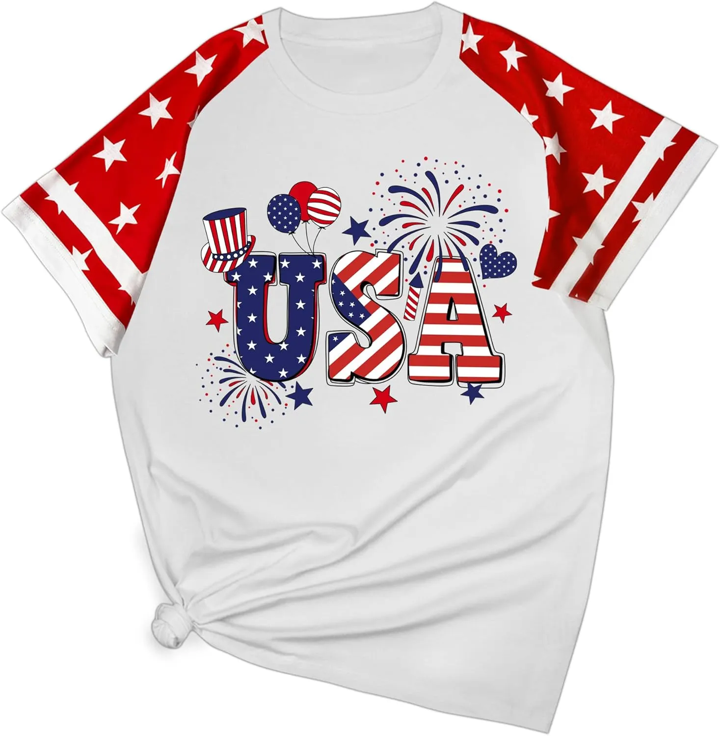 4th of July Shirts Women:USA Color-Blocking Short-Sleeve American Flag Crew Neck Graphic Tee Patriotism T-Shirt