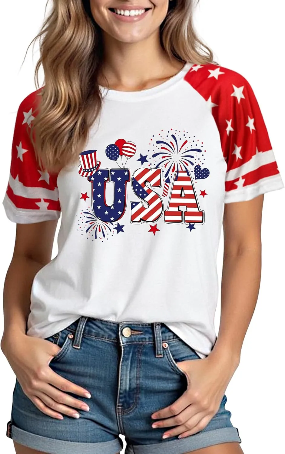 4th of July Shirts Women:USA Color-Blocking Short-Sleeve American Flag Crew Neck Graphic Tee Patriotism T-Shirt