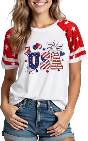 4th of July Shirts Women:USA Color-Blocking Short-Sleeve American Flag Crew Neck Graphic Tee Patriotism T-Shirt