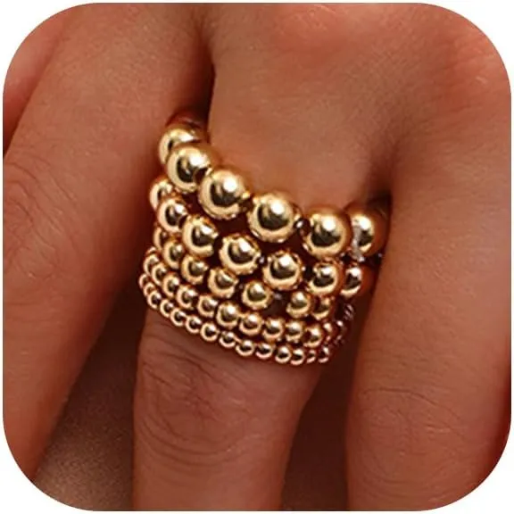 5Pcs Chunky Gold Silver Rings Set for Women Non Tarnish,Vintage Thick Beaded Stackable Knuckle Ring Set Dainty Simple Beads Stacking Ring Pack Statement Jewelry