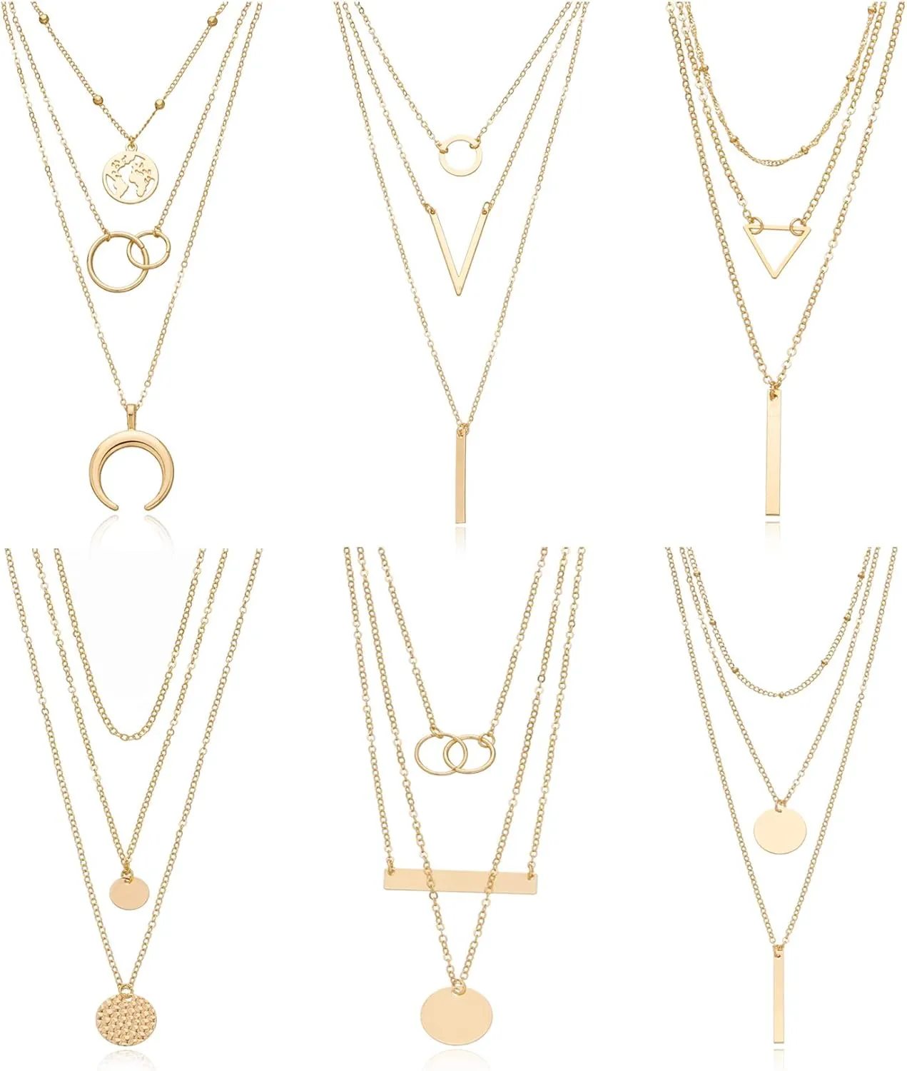 6 Pieces Layered Necklaces For Women Long Necklaces Gold Choker Necklaces Map Coin Bar Crescent Moon Necklace Layered Y Pendant Necklace Multilayer