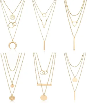 6 Pieces Layered Necklaces For Women Long Necklaces Gold Choker Necklaces Map Coin Bar Crescent Moon Necklace Layered Y Pendant Necklace Multilayer