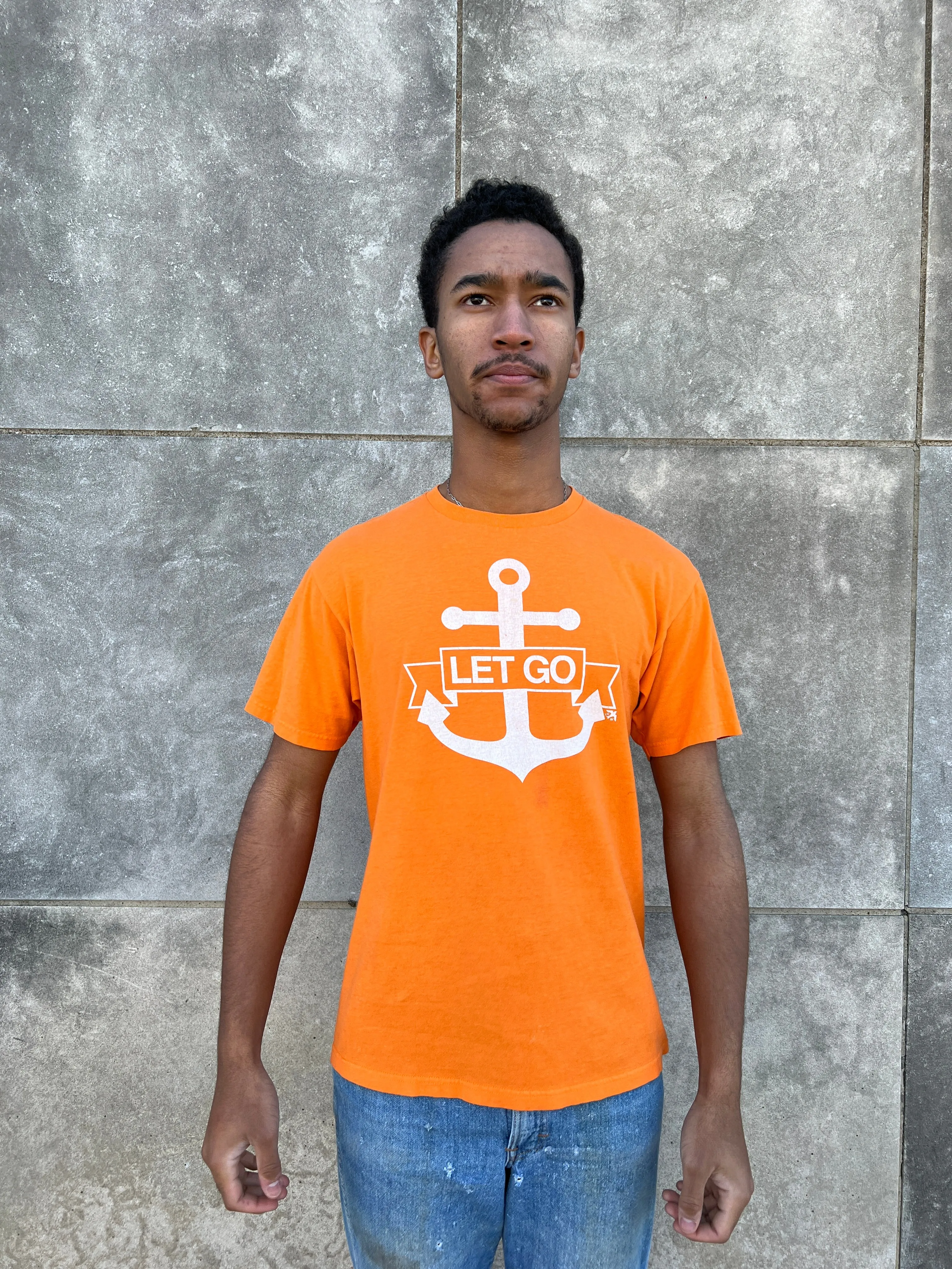 90s Vintage Orange T-shirt, 'Let Go' Anchor Graphic